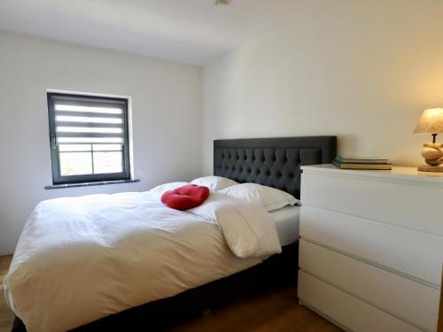 a bedroom with a bed with two red pillows on it at Petit Wilogne in Houffalize