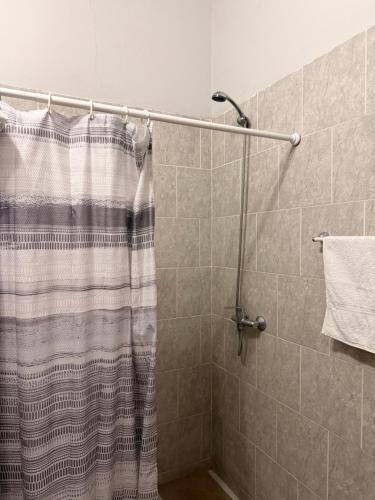 a shower with a shower curtain in a bathroom at Dunas y Cielo in Tinogasta