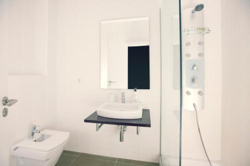 La salle de bains est pourvue d'un lavabo, de toilettes et d'un miroir. dans l'établissement Modern Apartment - Alicante, à Alicante