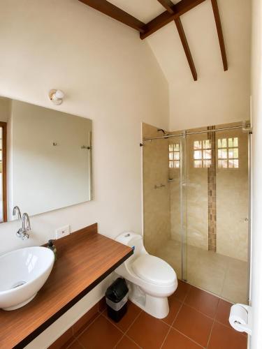 a bathroom with a toilet and a sink and a shower at Yeshca Hotel Boutique in Villa de Leyva