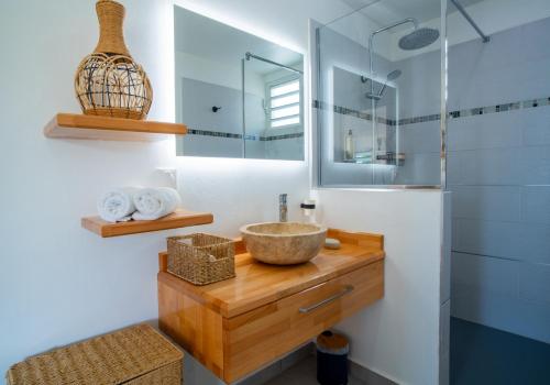 a bathroom with a bowl sink and a mirror at Villa piscine privée Grand-Bourg proche plage in Grand-Bourg