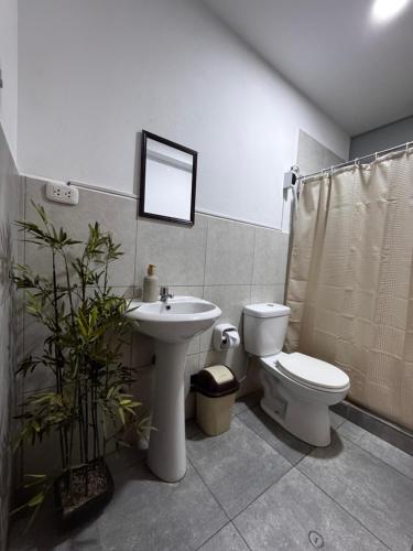 a bathroom with a toilet and a sink at Búnker de Coco in Pachacamac