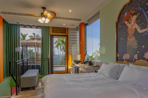 a bedroom with a white bed and a bathroom at Guilin Thai Impression in Gukeng
