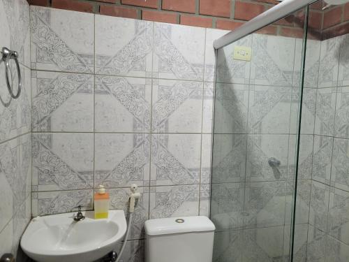 a bathroom with a shower and a toilet and a sink at Flat Alto Padrão in Gravatá