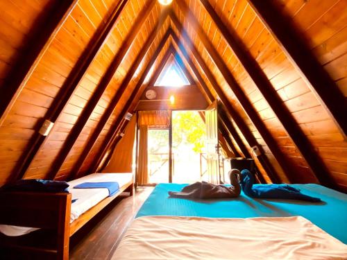 a person laying on a bed in a tree house at That's Why Nilaveli Beach Cabanas in Trincomalee