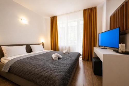 a bedroom with a bed with a television and a desk at T&M Stay Pamporovo in Pamporovo