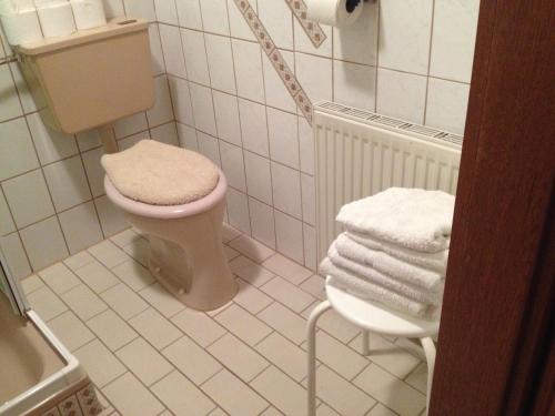 a bathroom with a toilet and a sink with towels at Ferienhaus im Wald in Edelschrott