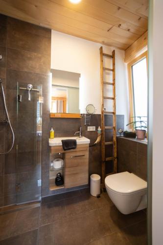 a bathroom with a toilet sink and a shower at Übernachtung beim Bio-Metzger "Zimmer Rosl" in Mössingen