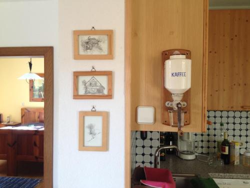 a kitchen with a sink and some pictures on a wall at Ferienhaus im Wald in Edelschrott