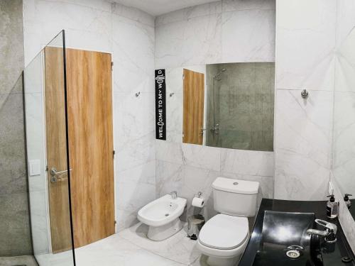a white bathroom with a toilet and a shower at Ibis Puerto General San Martin in San Lorenzo