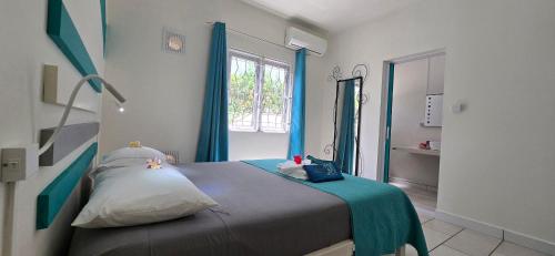 a bedroom with a bed with blue curtains and a mirror at Abiki Mauritius with Tourism Authority Permit in Albion