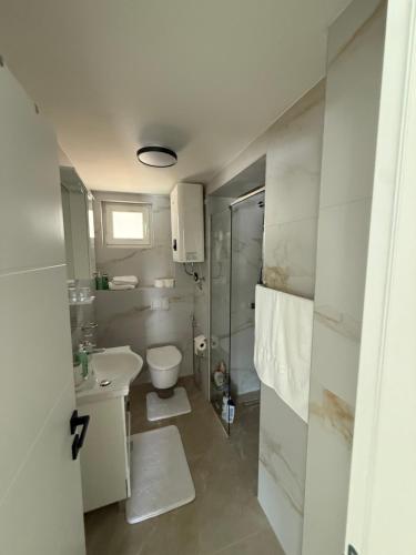 a white bathroom with a sink and a toilet at Vila Handžić in Mostar