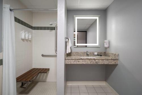 a bathroom with a sink and a mirror at AmericInn by Wyndham Baldwin in Baldwin