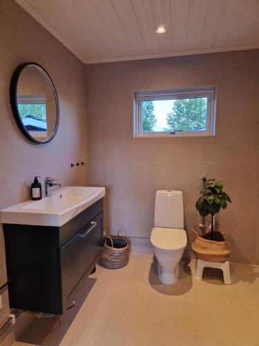 a bathroom with a sink and a toilet and a mirror at Sjöstugan in Leksand