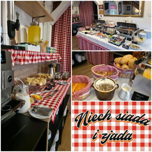 a collage of pictures of a kitchen with a table with food at Pokoje Sandra I in Łeba