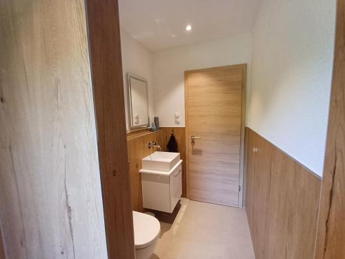 ein Badezimmer mit Toilette und Waschbecken in der Unterkunft Am Wolfsbach in Helferskirchen