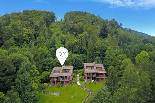 an air balloon flying over a house in the forest at Il Vecchio Faggio: Lake Maggiore view Terrace - Happy Rentals in Gignese