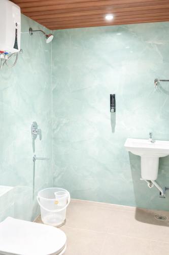 a bathroom with a toilet and a sink at Golden Tulip Peddapally in Peddapalli