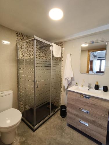 a bathroom with a shower and a toilet and a sink at Casa Rural Las Alcusa in Cubla