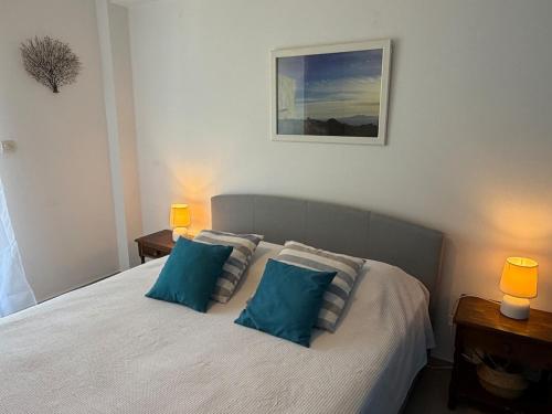 a bedroom with a bed with two blue pillows at Art & Motion Union - Guest Room 3 in Apoíkia