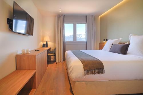una camera d'albergo con un letto e una televisione di Hotel Fonsispa a Bisaurri
