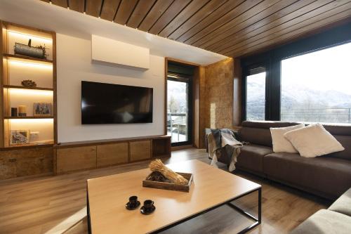 a living room with a couch and a tv at Casa BellaVista by BeValle in Panticosa