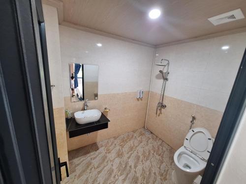 a bathroom with a sink and a toilet at Galaxy Villa Tam Đảo in Tam Ðảo