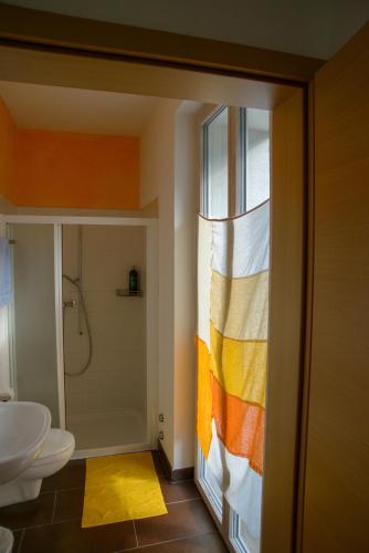 a bathroom with a shower and a toilet and a window at Ostello Cresciano in Cresciano