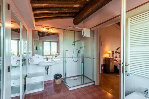 a bathroom with a glass shower and a sink at Agriturismo Montechiaro in Siena