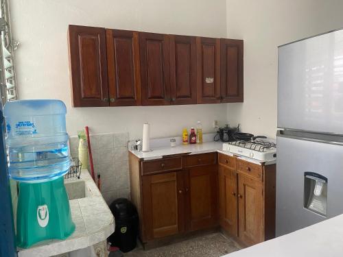 a kitchen with wooden cabinets and a refrigerator at Mio y tuyo in Flores