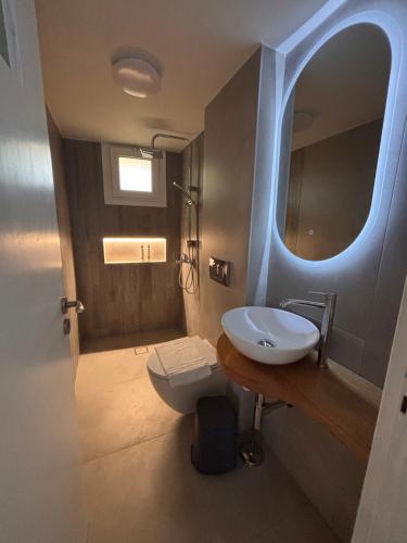 a bathroom with a sink and a toilet and a mirror at VILLA AKTI in Mochlos