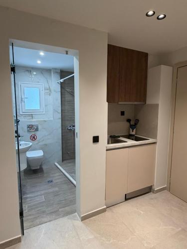 a bathroom with a shower and a sink and a toilet at Villa Hara Suites in Paralia Katerinis