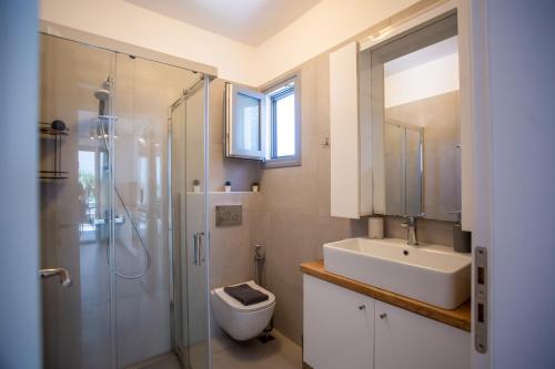 a bathroom with a sink and a toilet and a shower at Whisper Villa Mykonos in Ano Mera