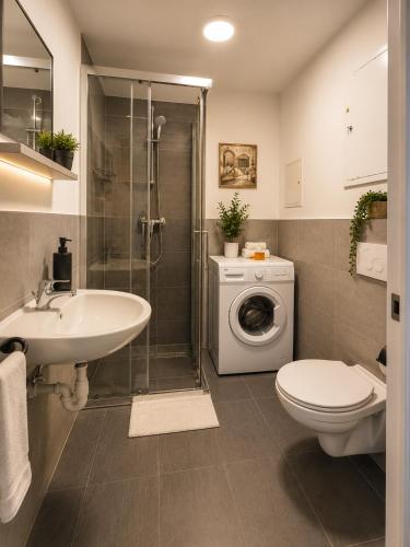 a bathroom with a toilet sink and a washing machine at Modern Living Apartment Hotel in Nuremberg