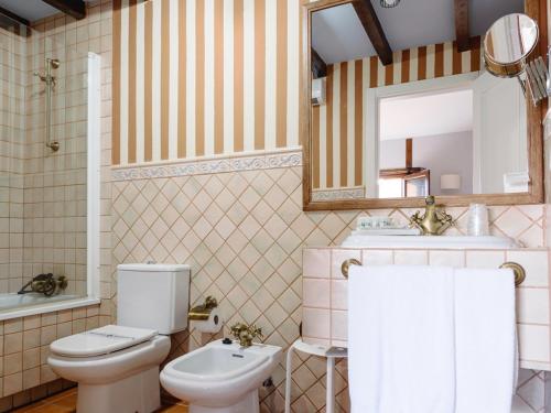 a bathroom with a toilet and a sink and a mirror at Hospedium Hotel Rural Ruta Imperial H-CC-00660 in Jarandilla de la Vera