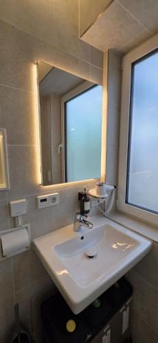 a bathroom with a white sink and a mirror at Cozy Tiny-House - ComfyHome Apartments in Stuttgart