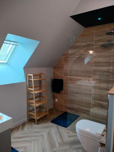 a bathroom with a toilet and a glass shower at calme et volupté in Maxilly-sur-Saône