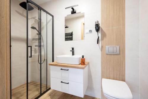 a bathroom with a sink and a shower at Willa Lasak - 20 procent zniżki na Termy, Śniadania in Biały Dunajec