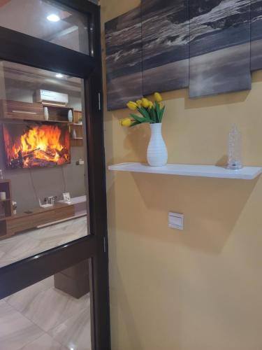 a room with a fireplace and a vase of flowers on a shelf at Royal Zam Résidence in Ouagadougou