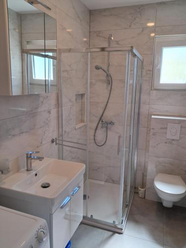a bathroom with a shower and a sink and a toilet at Tucepi Kamena 57 in Tučepi