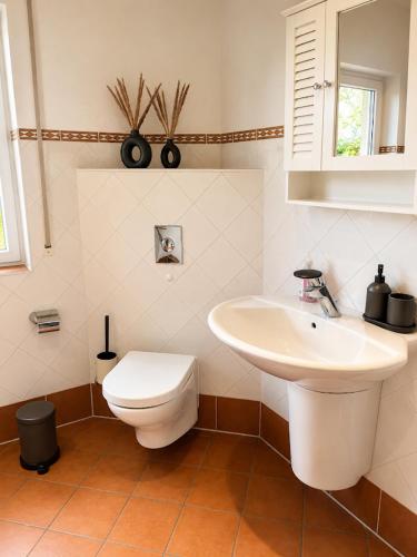 a bathroom with a white toilet and a sink at Haus an der Bachschleife in Arnstadt