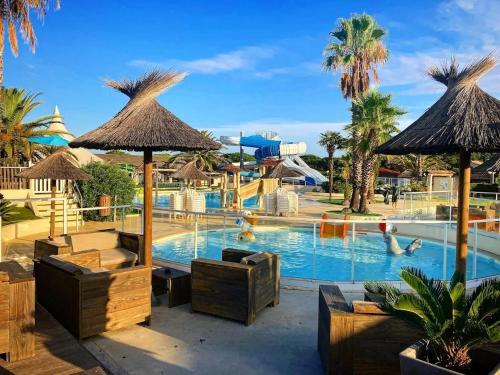a pool at a resort with palm trees at Chalet La Dragonniere in Vias
