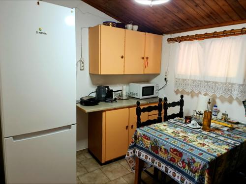a small kitchen with a table and a white refrigerator at Grapes and Roses 2 in Igoumenitsa