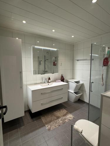 a bathroom with a sink and a shower and a toilet at Spacious apartment with 3 Bedrooms & balcony in Voss in Vossevangen