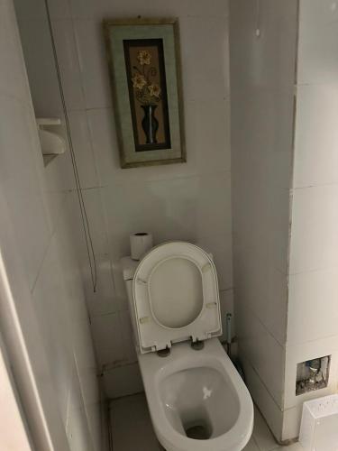 a white toilet in a bathroom with a picture on the wall at Luimora Stays in Bamgbose