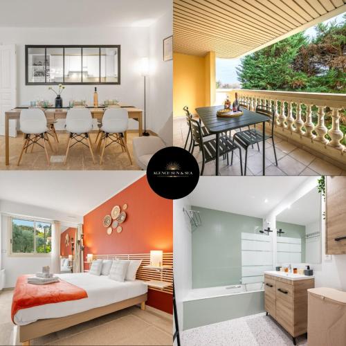 a collage of three pictures of a bedroom and a living room at LE MARNI appartement central avec terrasse parking privé in Menton