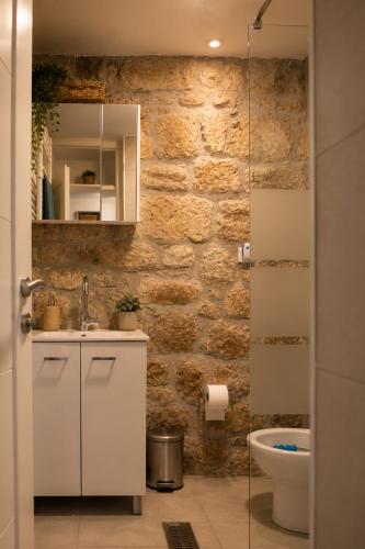 a bathroom with a sink and a toilet at Villa Bilja Historic Stone Castle in Trebinje