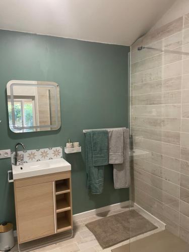a bathroom with a sink and a shower at Les Robinsons in Sillans-la Cascade