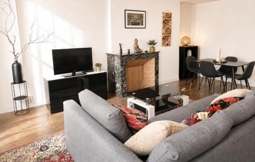 a living room with a gray couch and a fireplace at LE MATIN CALME - Charme ancien - Vue canal in Dole