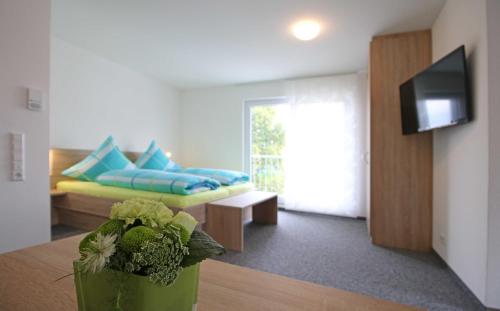 a living room with a couch and a tv at Apartments Am Grafenberg in Grafenberg